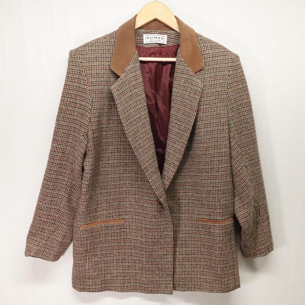 Vintage Dumas Blazer Womens 12 Houndstooth Suede Collar Made in USA Academia